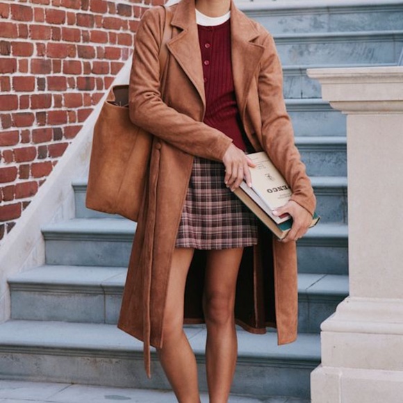 Lulus Chic Calling Tan Suede Trench Coat Brown - Size M - Picture 1 of 1